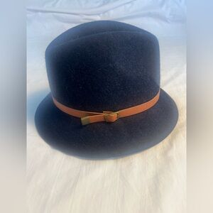 Genie by Eugenia Kim Navy Blue Wool Felt Fedora Hat with Tan Leather Band (NWOT)